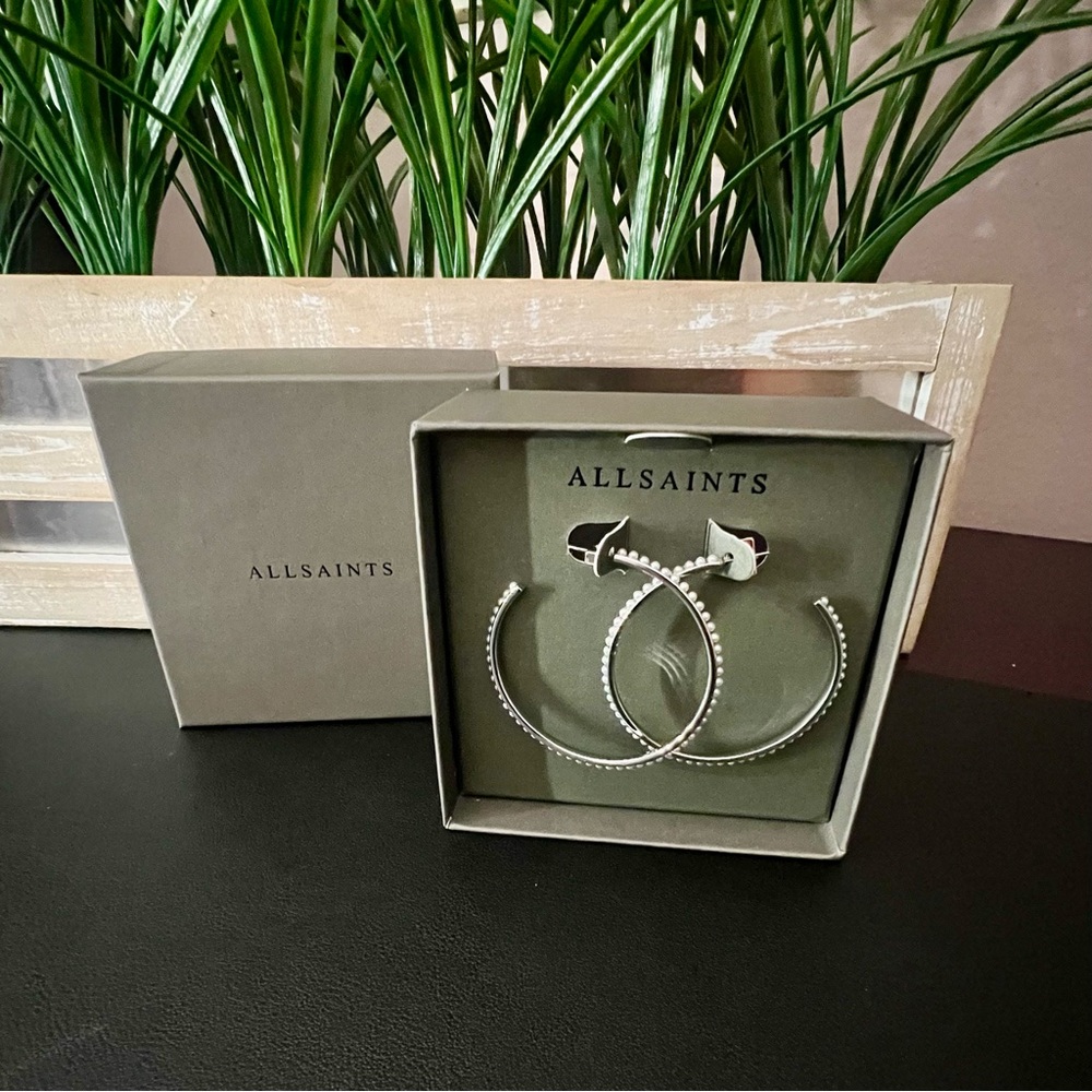 ALLSAINTS Rhodium Faux Pearl Hoop Earrings - Picture 2 of 8